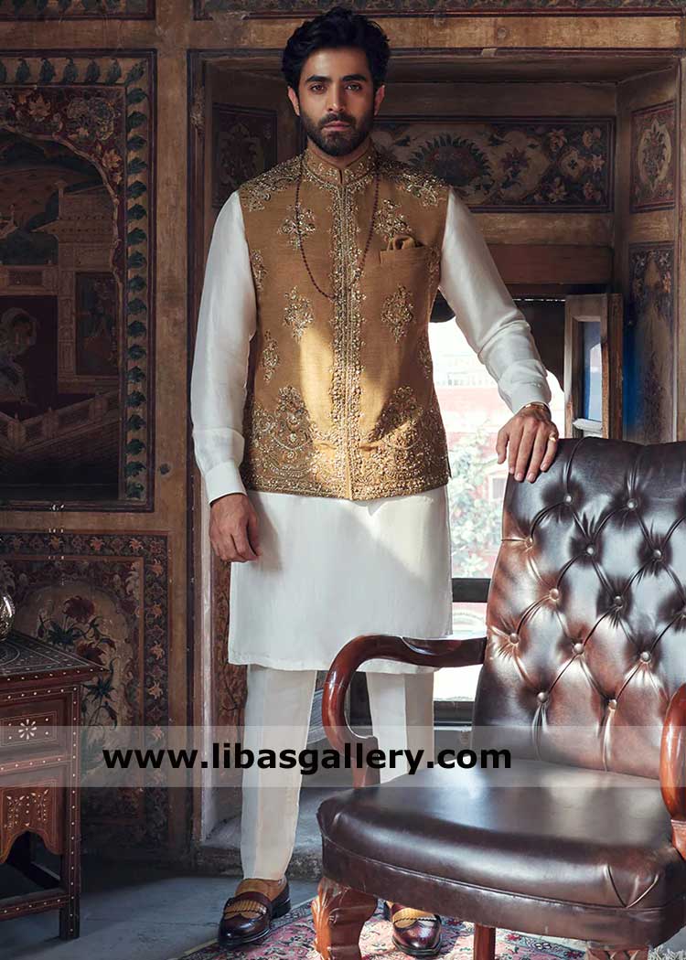 Mustard Embroidered Men Raw Silk Waistcoat