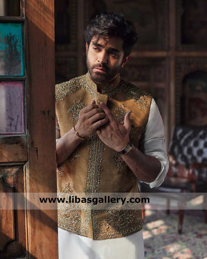 Mustard Embroidered Men Raw Silk Waistcoat