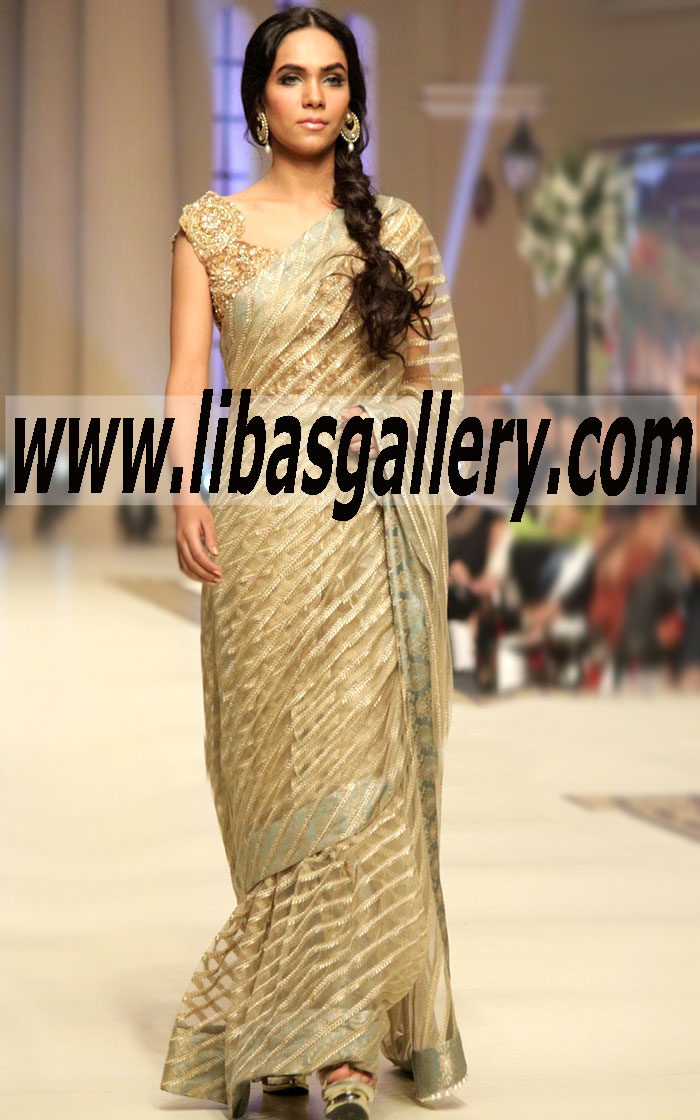 Sparkly Gold Bridal Saree Dress for Reception and Valima Event
