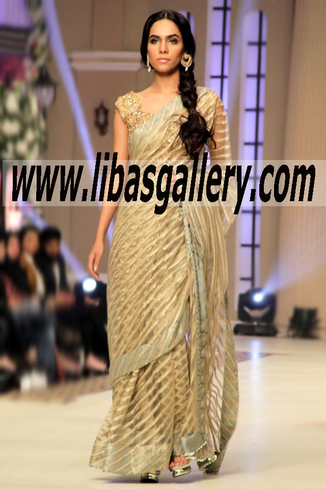 Sparkly Gold Bridal Saree Dress for Reception and Valima Event