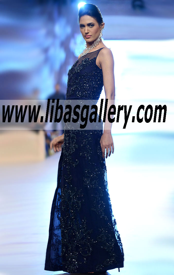 Wonderful Oxford Blue color Chiffon Gown for wedding and formal parties