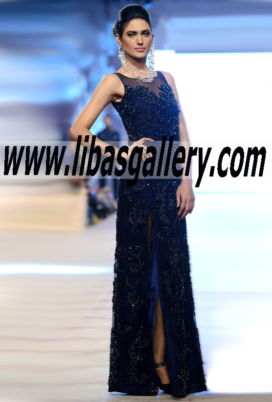 Wonderful Oxford Blue color Chiffon Gown for wedding and formal parties