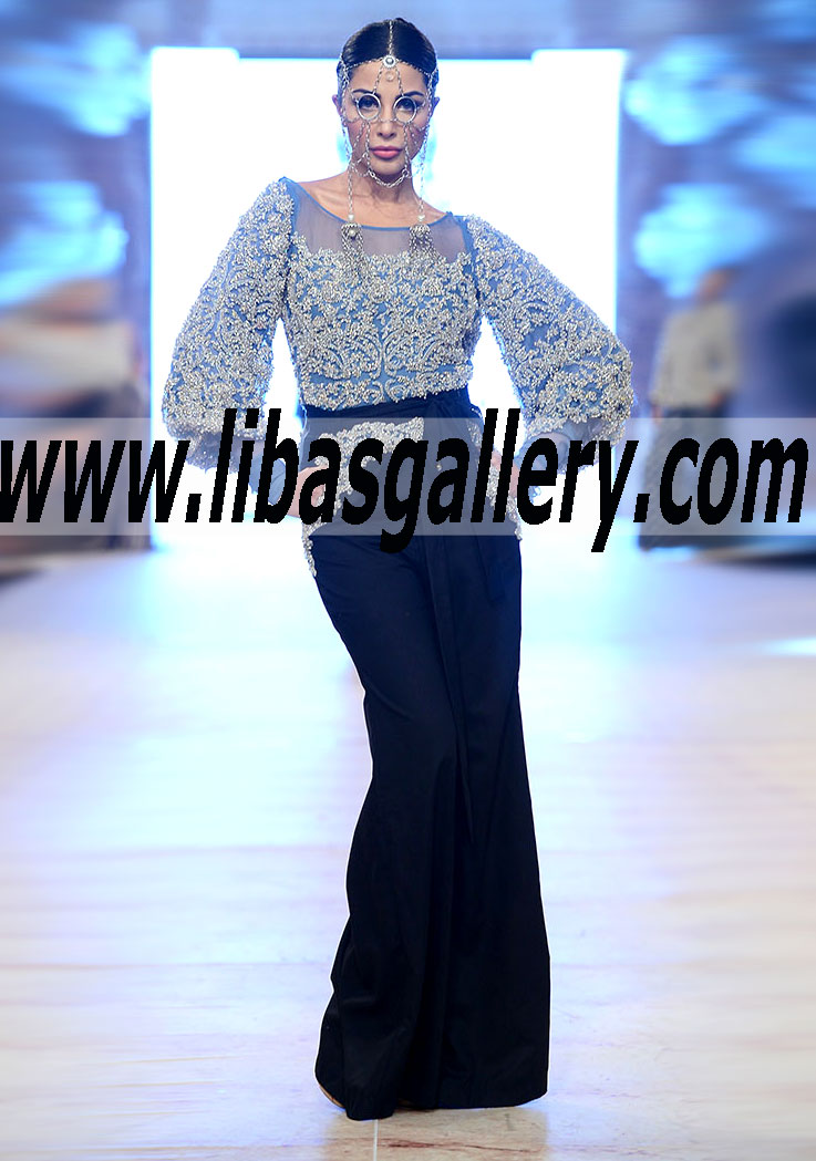 Bewitching Pale Aquacolor Chiffon Jumpsuit With rich embellishments