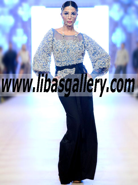 Bewitching Pale Aquacolor Chiffon Jumpsuit With rich embellishments