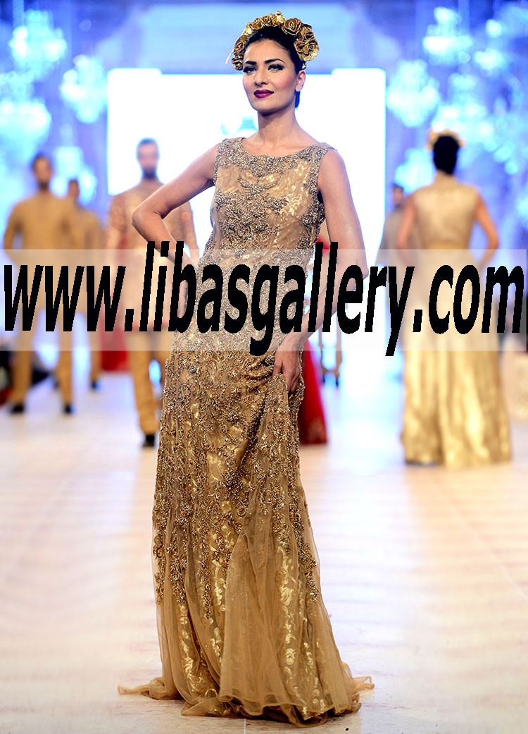 Attractive Honey Gold color Organza Evening Gown with feminine silhouette AND a flirty style