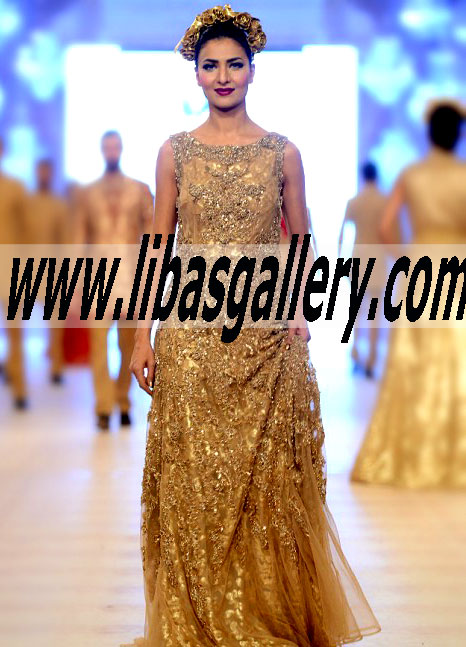 Attractive Honey Gold color Organza Evening Gown with feminine silhouette AND a flirty style