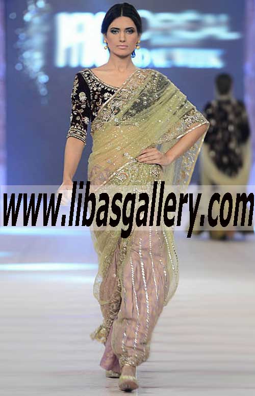 Splendorous Heavy Work Lehenga Saree in Black Pastel Violet and Olivine color