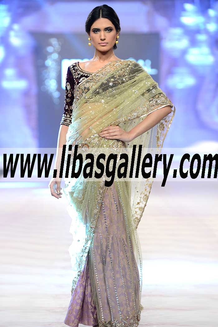 Splendorous Heavy Work Lehenga Saree in Black Pastel Violet and Olivine color