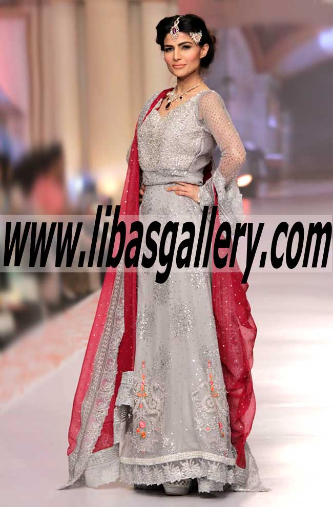 Resplendent SILVER AND ASH GREY ANARKALI Gown for Formal and Evening Parties