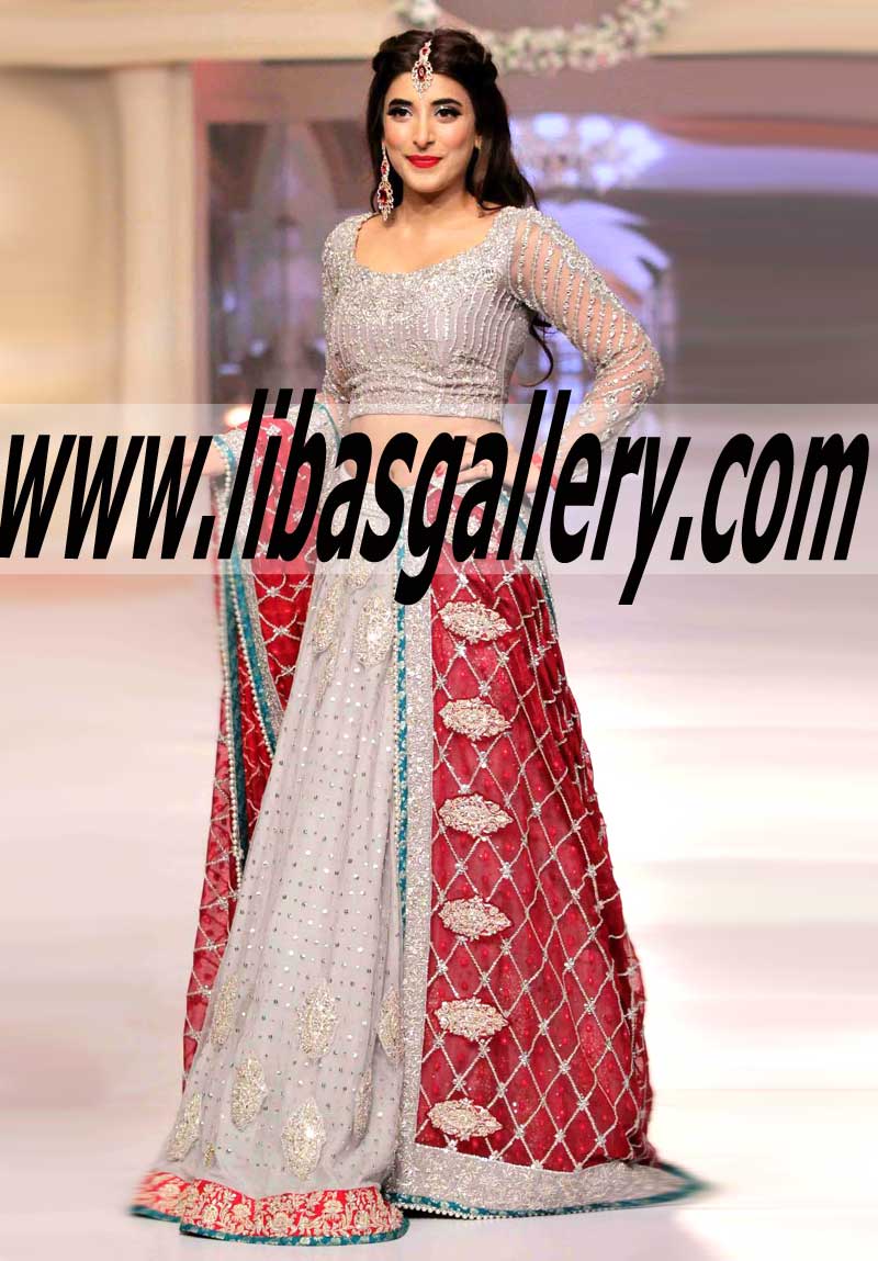 Supremely Stylish ash grey full sleeves LEHENGA choli intricately embellished with Swarovski crystals silver kora dabka kundan and sequins 