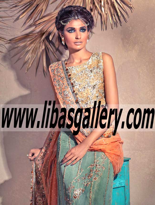 Gold Glow Chiffon Paneled Lehanga Bridal Dress with Heavy Aari Jaal Embellishments