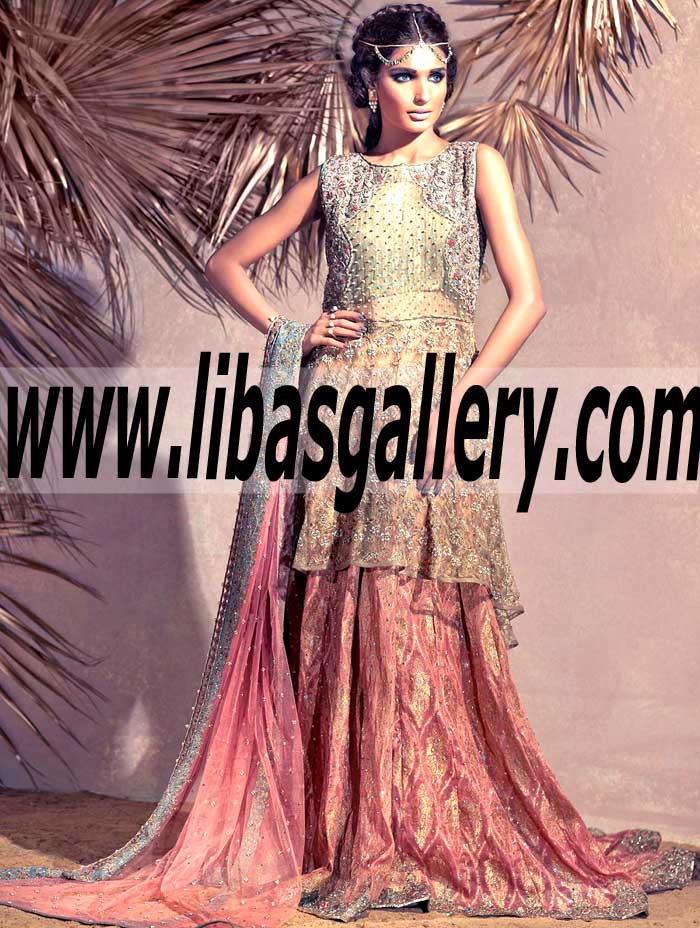 Perfectly Pastel Trailed and Paneled Lehanga Bridal Dress for Wedding Ceremony and Functions