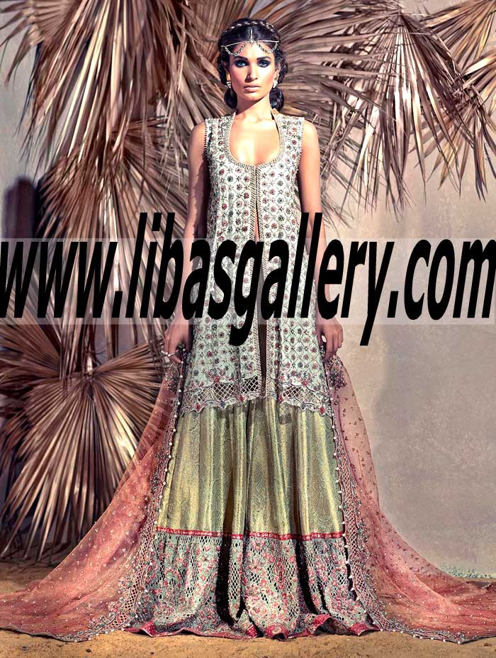 Blushing Lilies Trailed Farshi Gharara Dress for Formal and Wedding Occasions