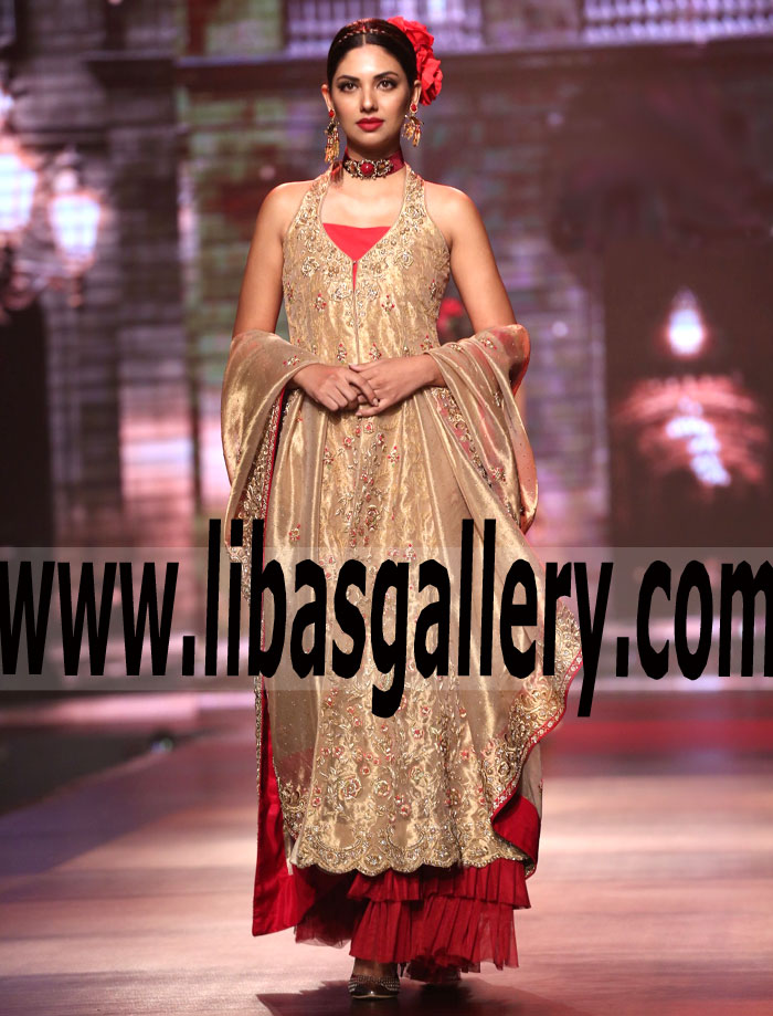 Shimmering Heavy Embellished Gold Dress with Red Lehenga for Wedding Guest and Special Occasion