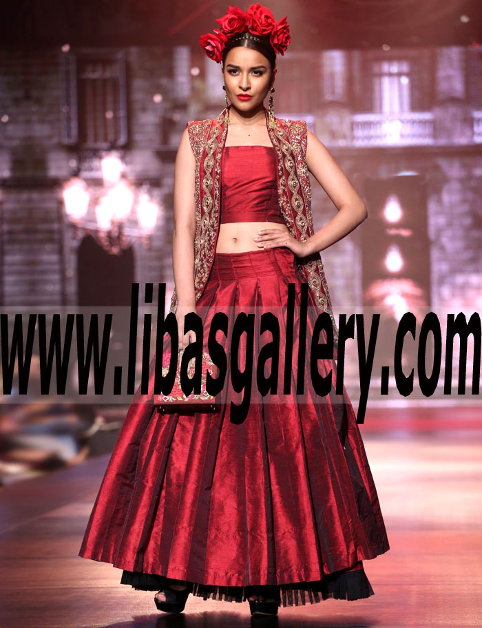 Glorious Sleeveless Jacket Dress With Box Pleated skirt Lehenga for Wedding and Special Occasions