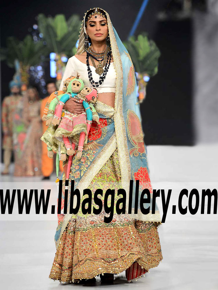 Dazzling Bridal Wedding Lehenga Dress with Mughal Era Exquisite Embellishments for Reception and Valima
