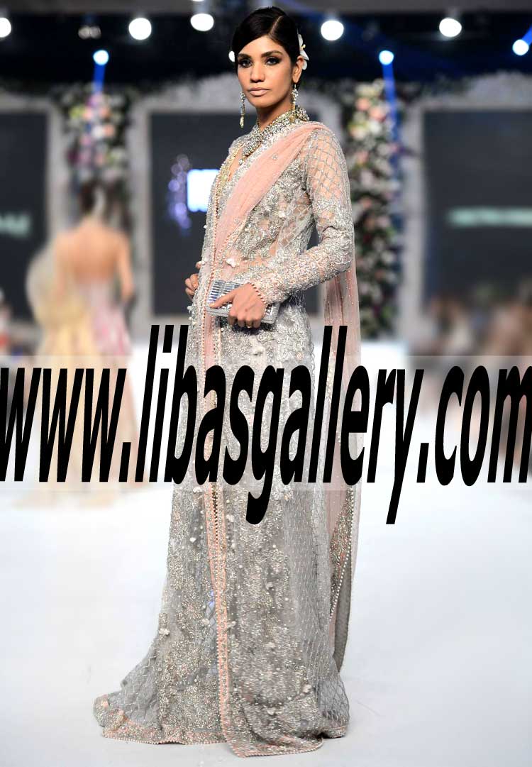Fabulous Pakistani Designer Gown Dress with Stylish and Sophisticated Embellishments and Embroidery for Special Occasions and Wedding