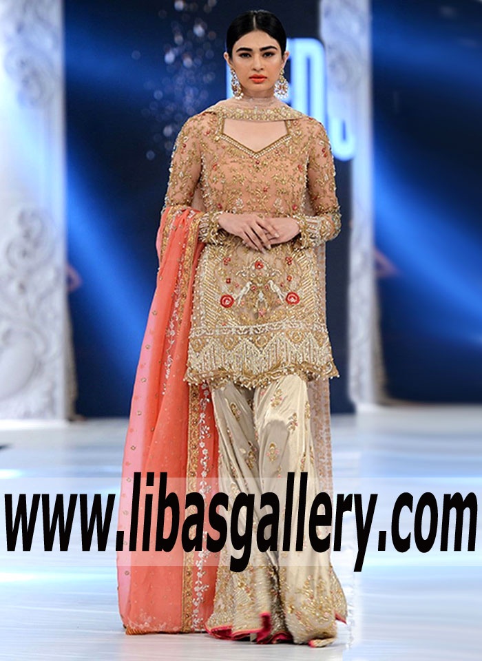 Gorgeous Short Shirt Dress with Two Legged Tissue Worked Dhaka Pajama