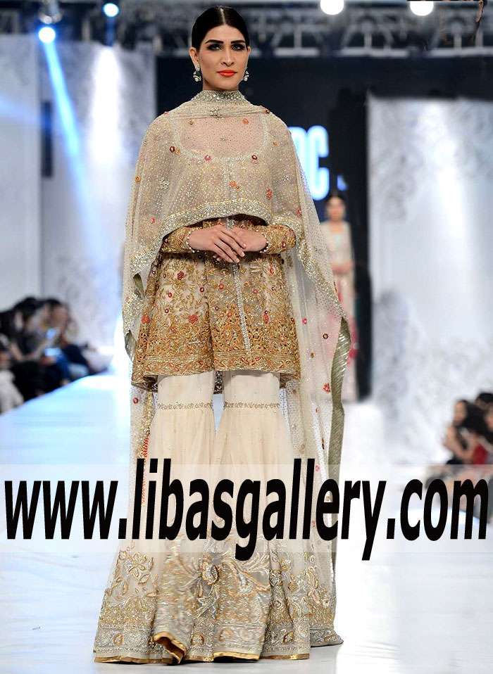 Designer Front open Peplum Tops with Bridal Wedding Gharara Pants for Big Day