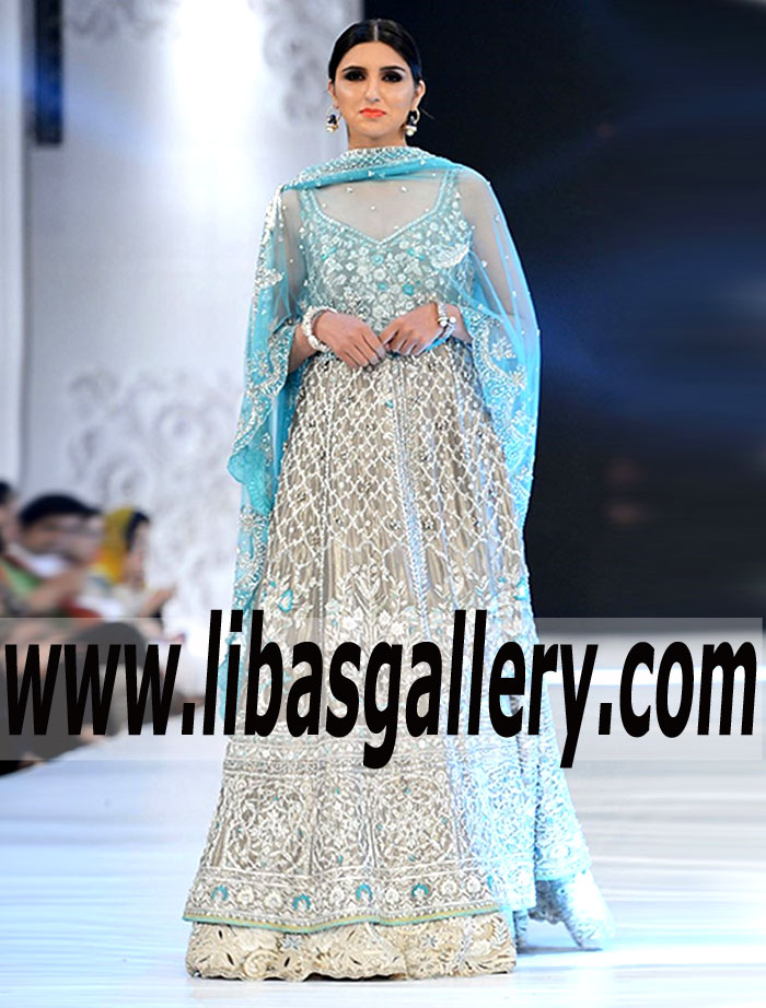 Dream Designer Tissue Zardozi Work Long Gown with Embroidered Bridal Lehenga for Wedding Event