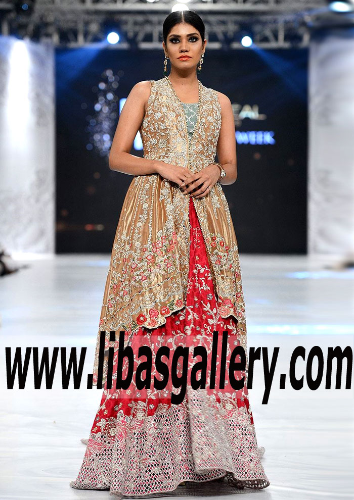 Trendiest Fornt Open Tail Cut Bridal Wear with jamawar Embellished Lehenga for Wedding or Special Occasions