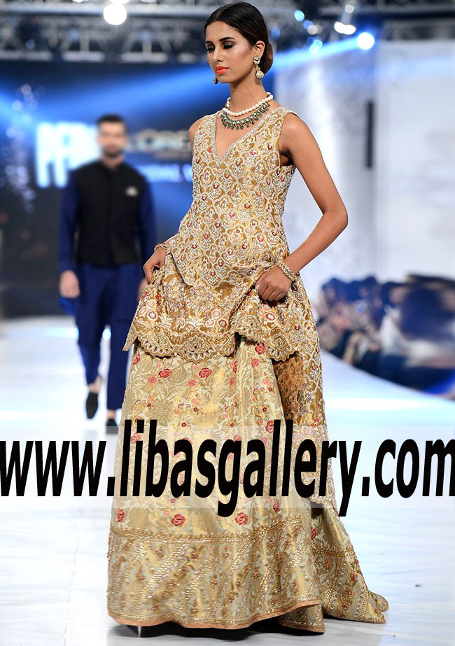 Versatile Heavy Embellished Tail cut Tissue Bridal Dress with jamawar Lehenga