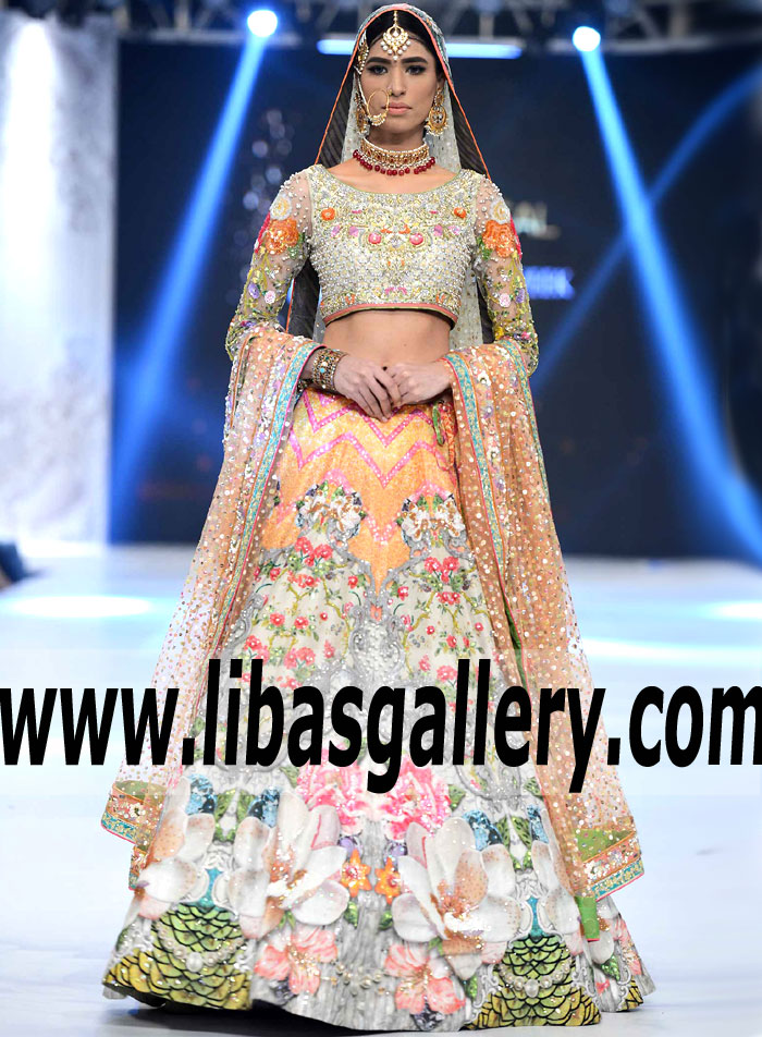 Marvelous Digital floral Print Bridal Lehenga features Alluring Embellishments and Embroidery for Reception and Walima