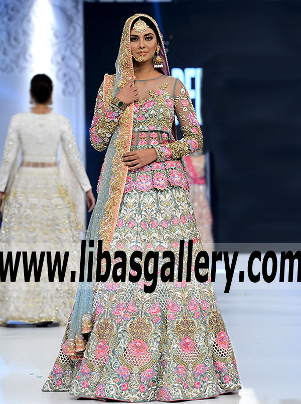 Luxurious Peplum Bridal Dress with Attractive Lehenga adorned exquisite Embellishments and Embroidery for Reception and Valima