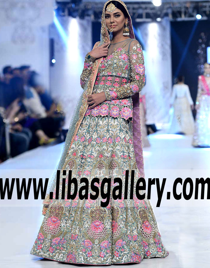 Luxurious Peplum Bridal Dress with Attractive Lehenga adorned exquisite Embellishments and Embroidery for Reception and Valima