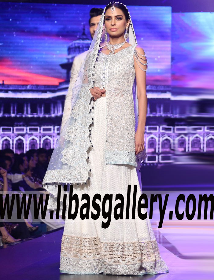Exalted WHITE AND ICE BLUE Wedding Dress with Bridal Sharara for Walima Event