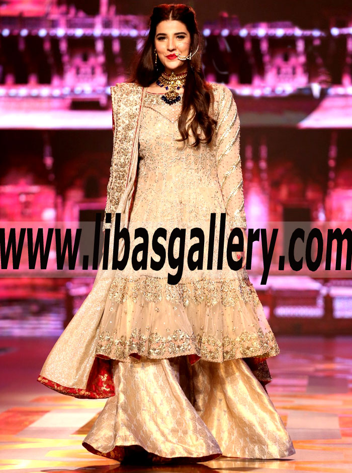 Striking Bridal Anarkali Dress with Banarasi Jamawar flared Sharara for any Event