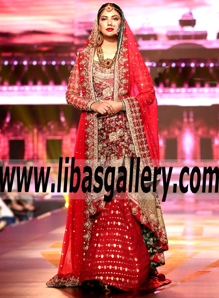 Extravaganza Traditional RED Bridal Dress with Banarasi Chiffon Train Lehenga
