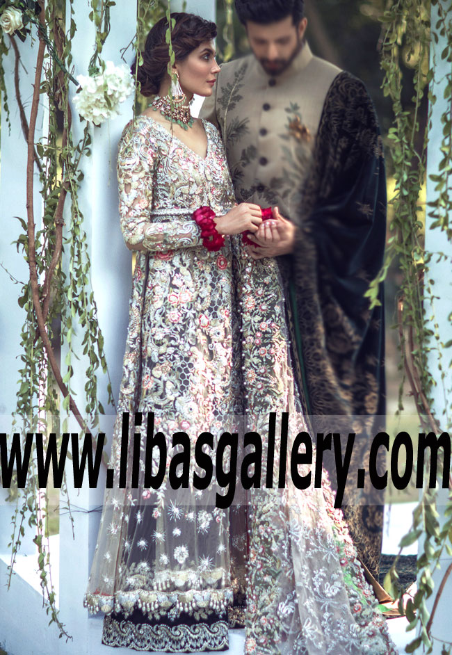 Absolutely Beautiful Platinum Clover Pakistani Bridal Lehenga