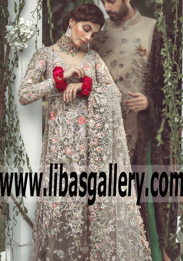 Absolutely Beautiful Platinum Clover Pakistani Bridal Lehenga
