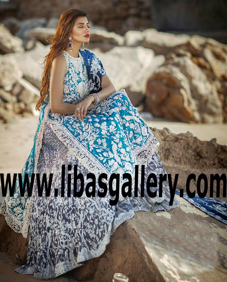 Sparkling Prussian Blue Pakistani Designer Bridal Dress