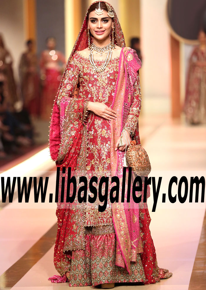 Farah Talib Aziz Traditional Classic Red Bridal Gharara Wedding Gharara Dresses at QMobile HUM Bridal Couture Week 2017 San Francisco California CA USA