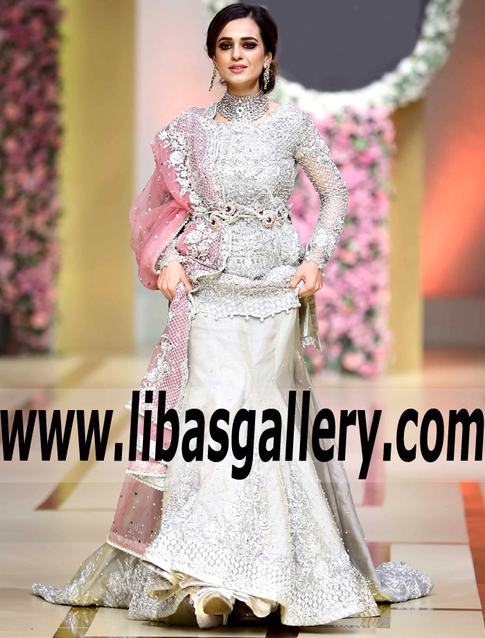 Marvelous Gray Zantedeschia Fish Tail Lehenga