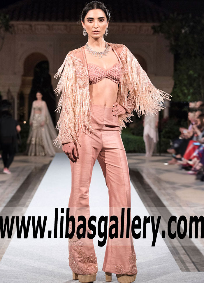 Dazzling Fringed jacket Party Dress for Evening and Formal Events Designer Faraz Manan Evening Party Dresses Batavia New York NY USA