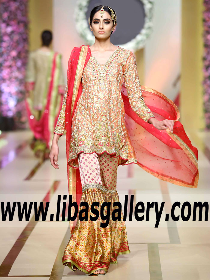 Magnificent Coral Zantedeschia Formal Occasion Gharara