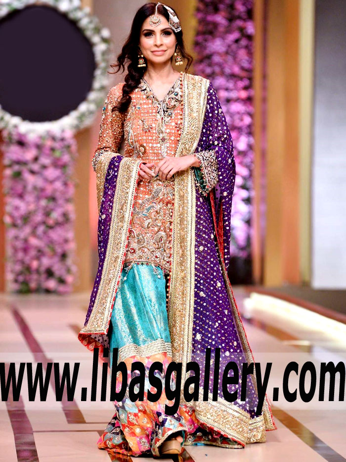 Desirable Burnt Orange Aster Bridal Chatapatti Gharara