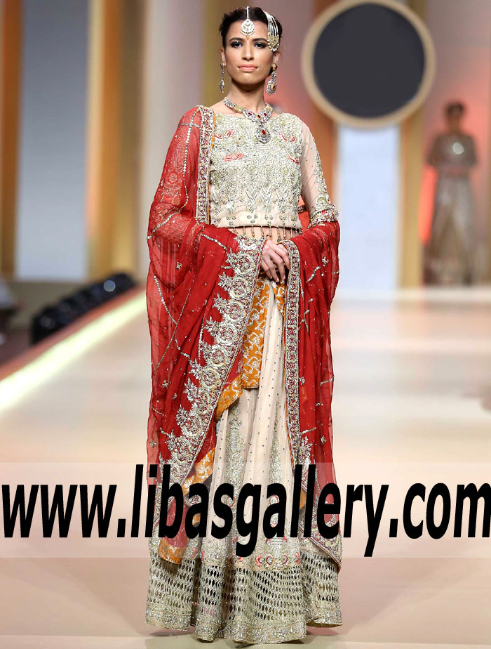 Absolutely Regal Peach Delphinium Bridal Lehenga