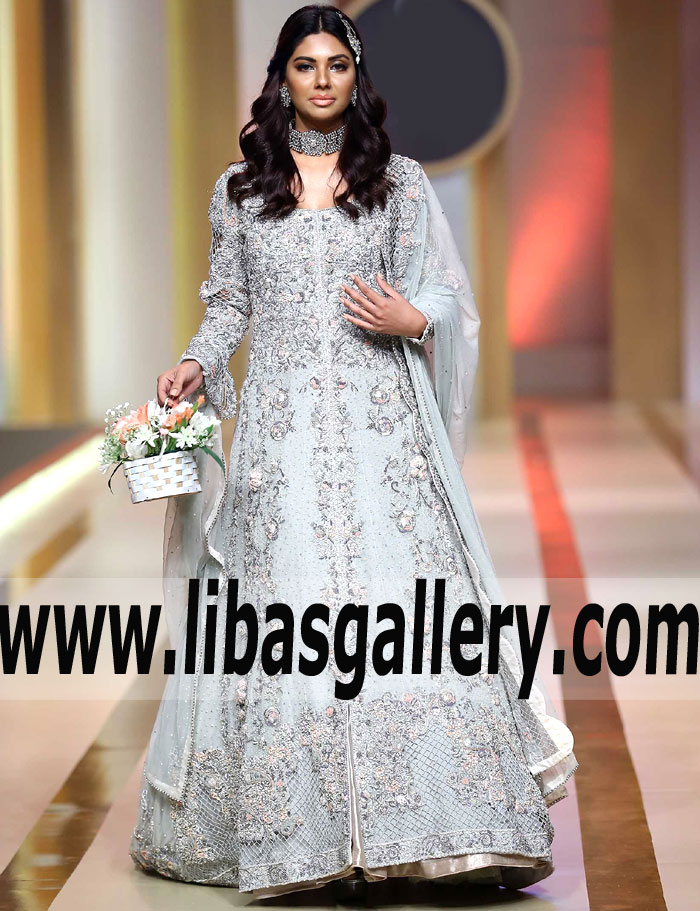 Astonishing Anarkali Bridal Dresses Aysha and Usman Qamar Pale Aqua Lilium Anarkali Gown Toronto Canada