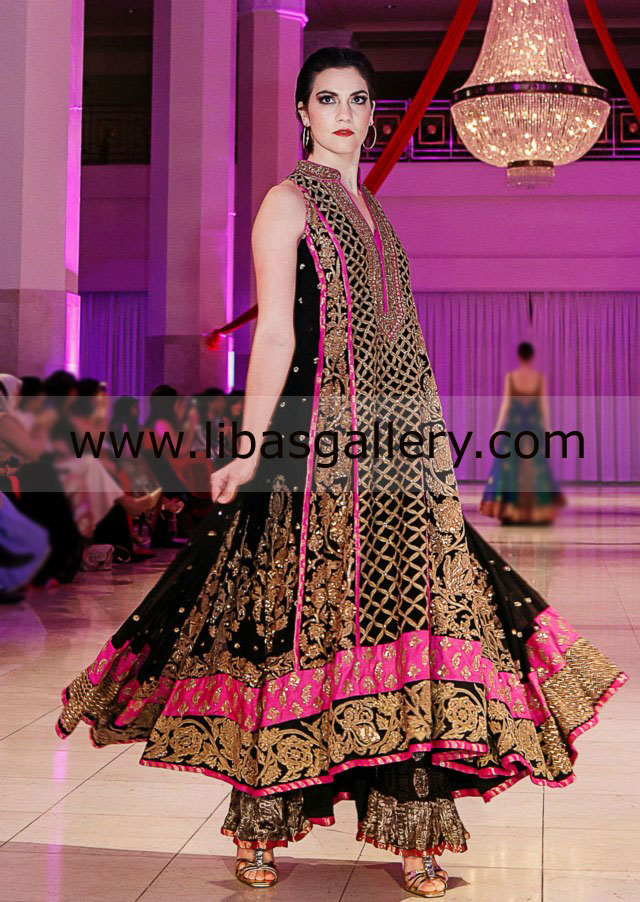 Black gold Hayek long anarkali suit with flared embellished trouser