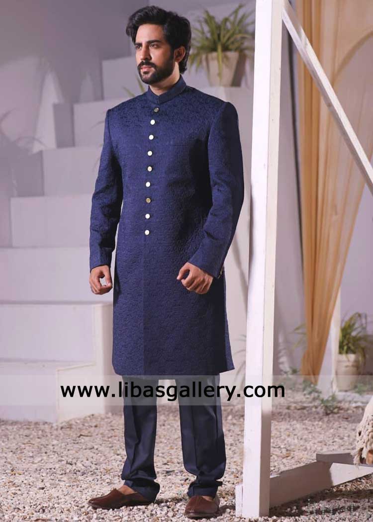 Navy Premium Floral Geometric Embroidered Groom Sherwani