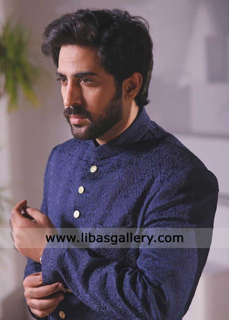 Navy Premium Floral Geometric Embroidered Groom Sherwani