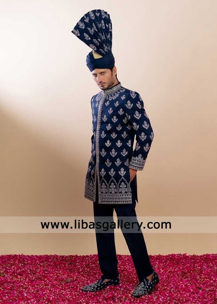 Navy blue Raw silk Groom hand embroidered Sherwani
