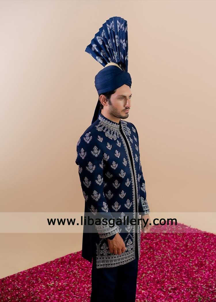 Navy blue Raw silk Groom hand embroidered Sherwani