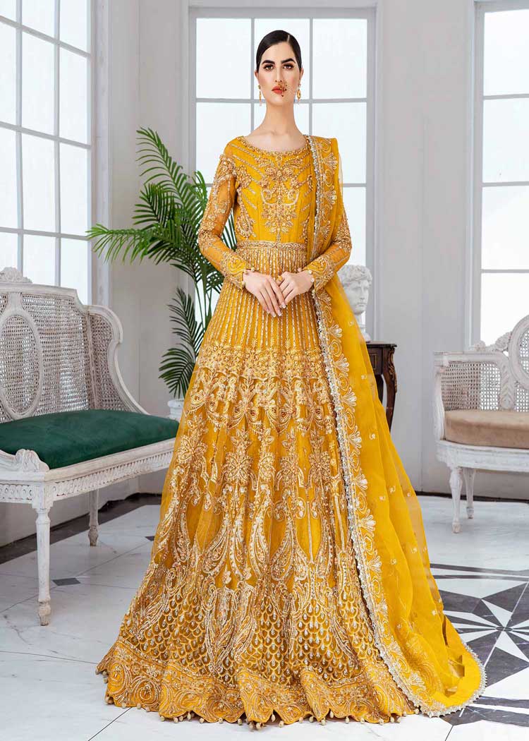 Misted yellow embroidered organza gown for women party occasion