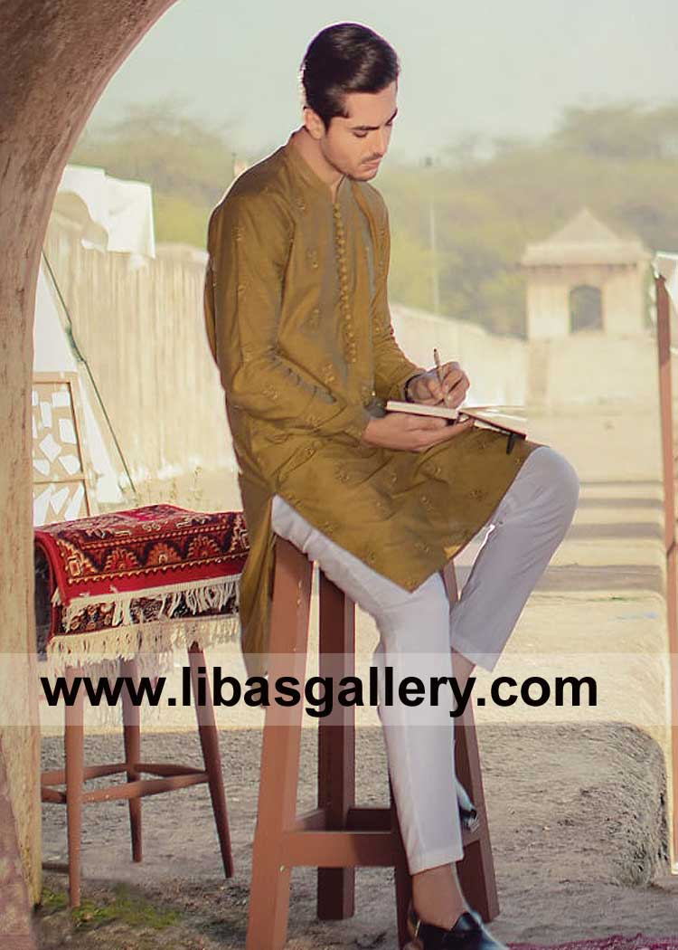 Mehndi Green Embroidered Loop Buttons Men Kurta with Trouser