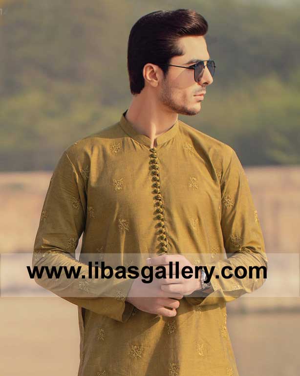 Mehndi Green Embroidered Loop Buttons Men Kurta with Trouser